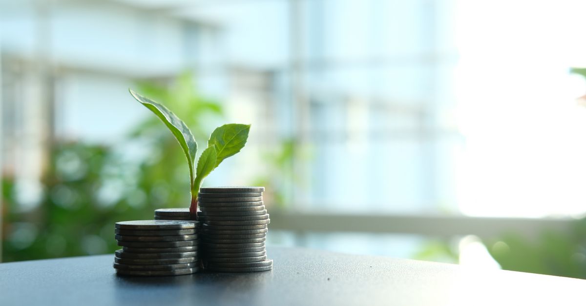 A small plant sprouting from stacked silver coins, symbolizing growth in finance.